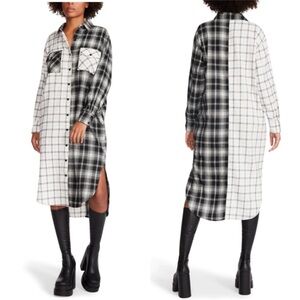 Steve Madden Rae Midi Shirt Dress Flannel in Multi Plaid Black White Size Small